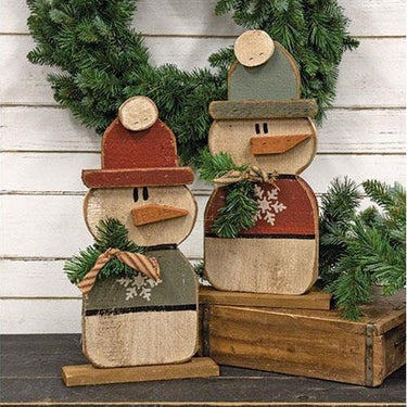 Rustic Wood Beanie Snowman on Base 17H 2 Asstd - The Fox Decor